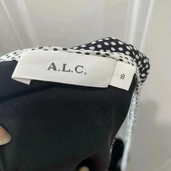 ALC Women's 8 Silk Black Sheer Lined Racerback‎ Tank Top White Tiny Dots Silk - Picture 1 of 12